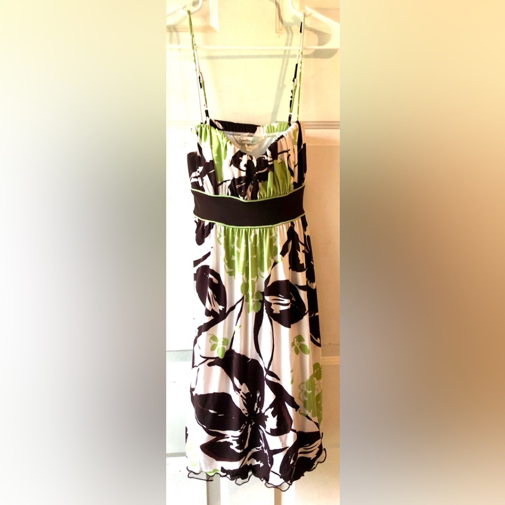 Speechless Brown Green White Abstract Floral Spaghetti Strap Ruched Dress Med
